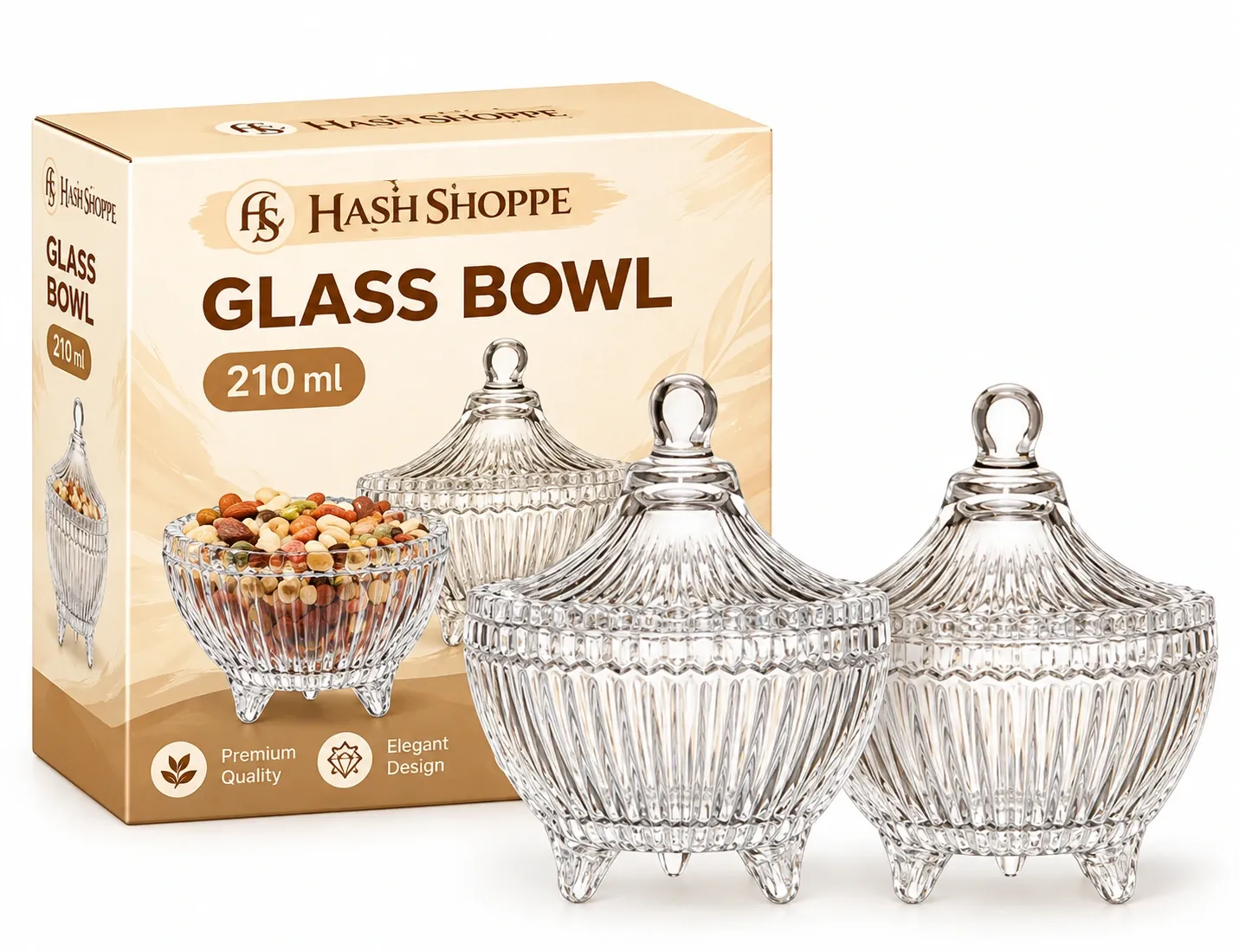 Hash Shoppe 210 ML Glass Bowl with Secure Lid – Ideal for Kitchen & Dining - Pack of 2