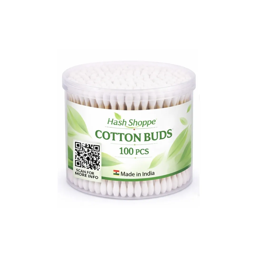 Hash Shoppe Cotton Buds 100 pcs | Double Tipped Cotton Swabs | Soft & Hygienic | Wooden Sticks | Made in India