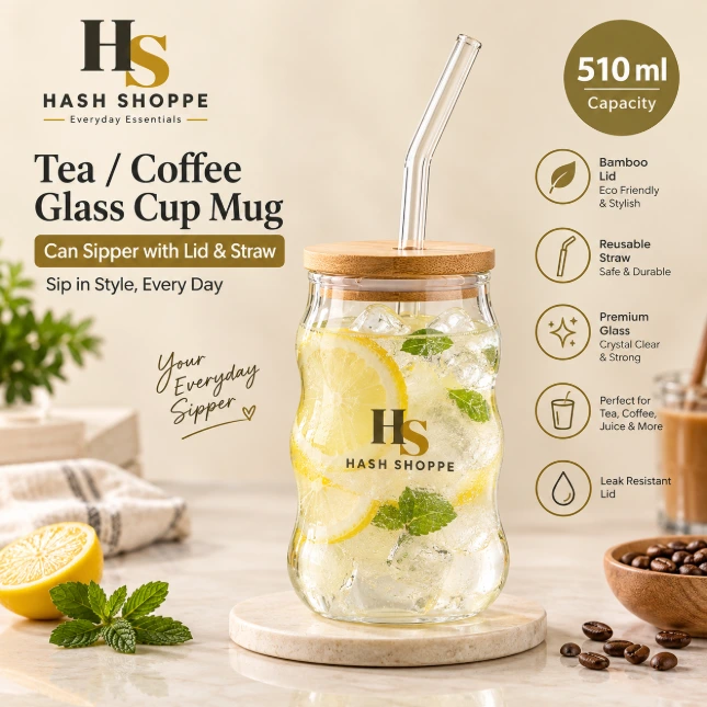 Hash Shoppe 510 ml Cold Coffee, Fresh Juice and Mojito Glass Mug with Lid & Straw