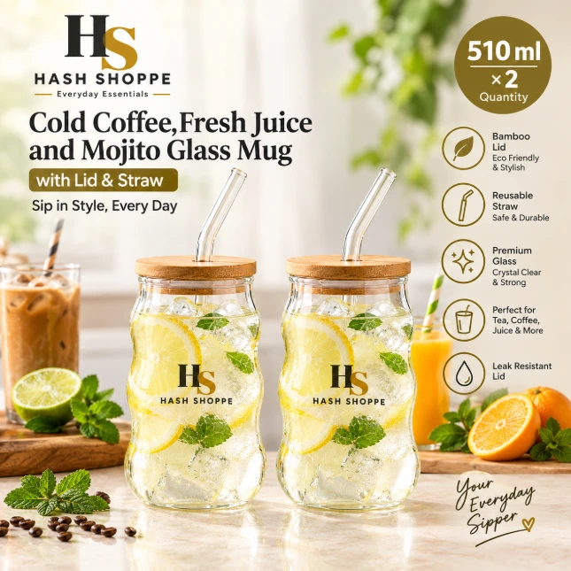 Hash Shoppe 510 ml Tea / Coffee Glass Mug Sipper with Lid & Straw - Pack of 2