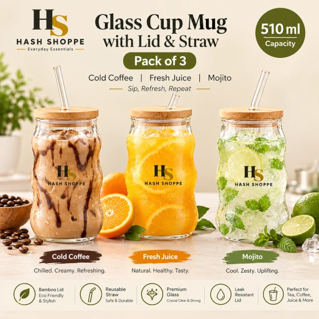 Hash Shoppe 510 ml Cold Coffee, Fresh Juice & Mojito Glass Cup Mug with Bamboo Lid & Straw | Pack of 3