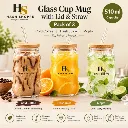 Hash Shoppe 510 ml Cold Coffee, Fresh Juice & Mojito Glass Cup Mug with Bamboo Lid & Straw | Pack of 3